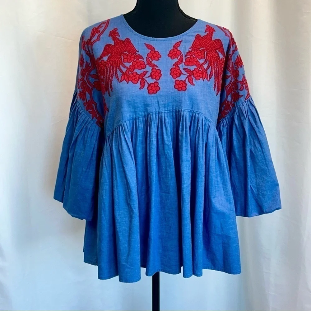 Anthropologie Hemant & Nandita Women's blue red Embroidered Lianna Top Blouse S - Picture 5 of 14